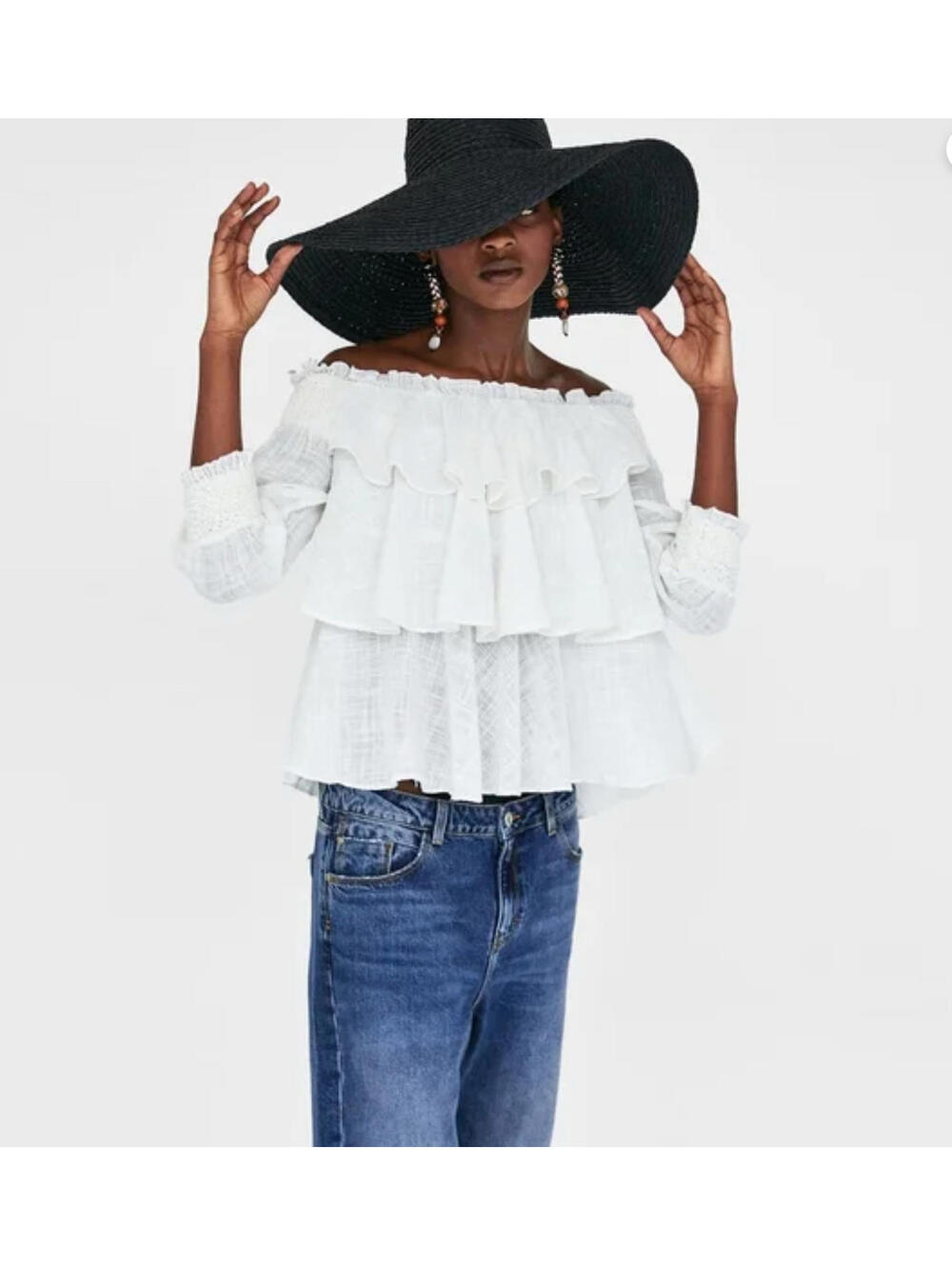Zara Off The Shoulder Flowy Blouse Boho Long Sleeve Womens L Layer Ruffle Cotton